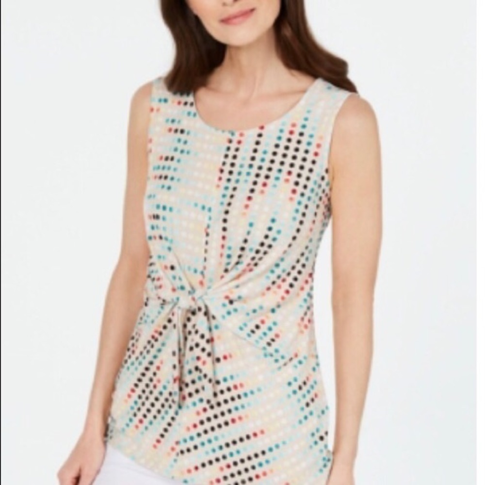 NEW Alfani Printed Polka-Dot Tie-Front Top S